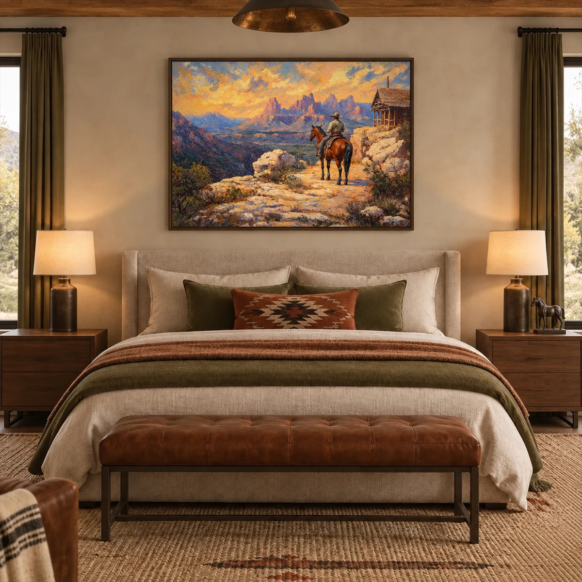 Frontier Overlook artwork displayed above a bed.