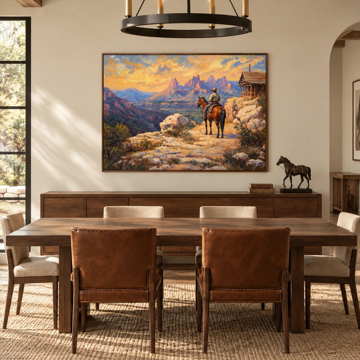 Frontier Overlook artwork displayed near a dining table.