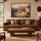 Frontier Overlook artwork displayed above a brown sofa.
