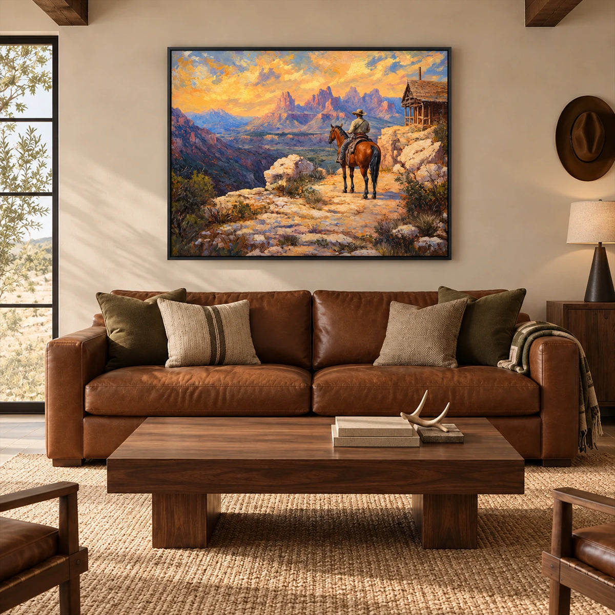 Frontier Overlook artwork displayed above a brown sofa.