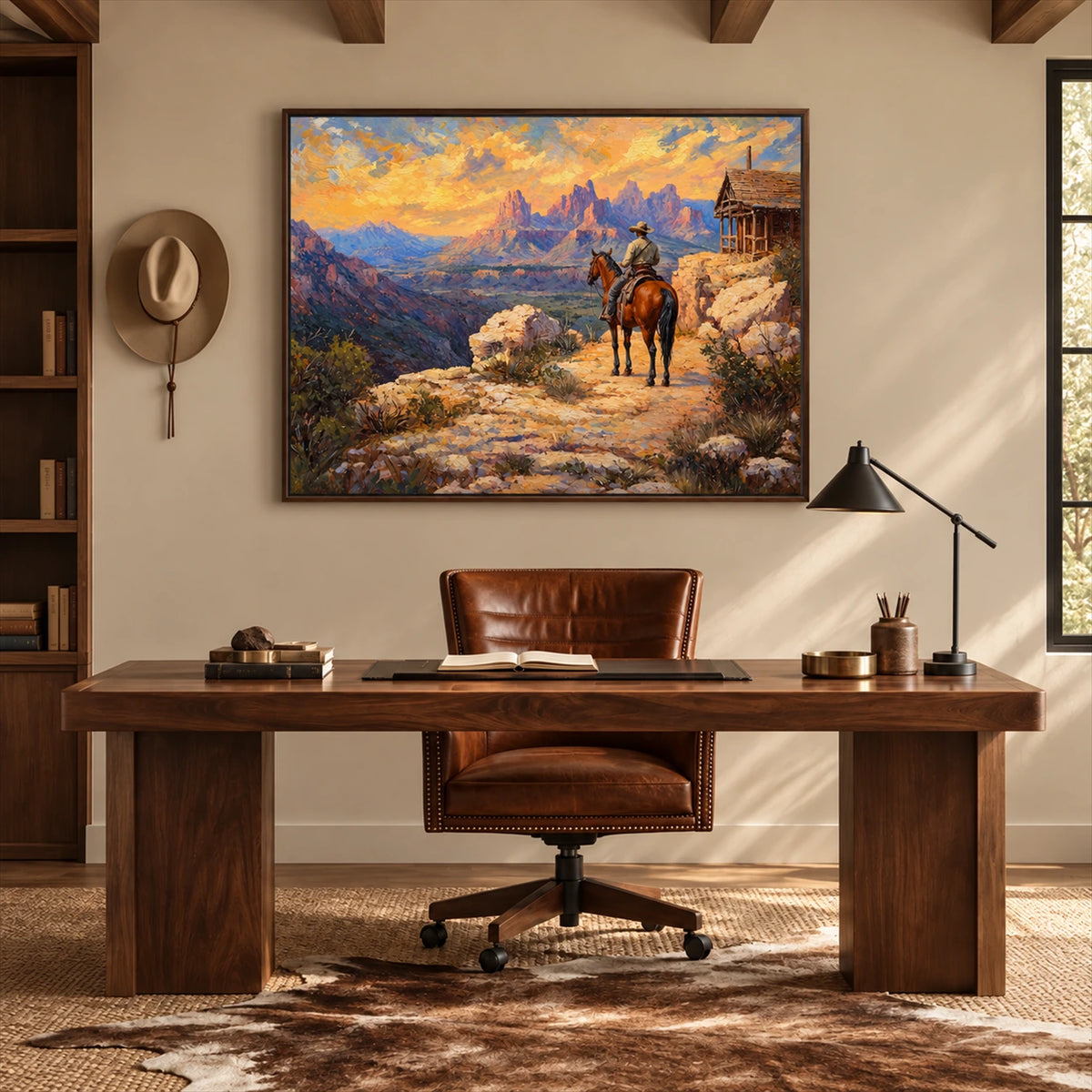 Frontier Overlook artwork displayed above a wood office desk.