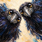 Inquisitive Pair full artwork. Two dark birds lean into view with bright yellow eye rings and curious expressions.