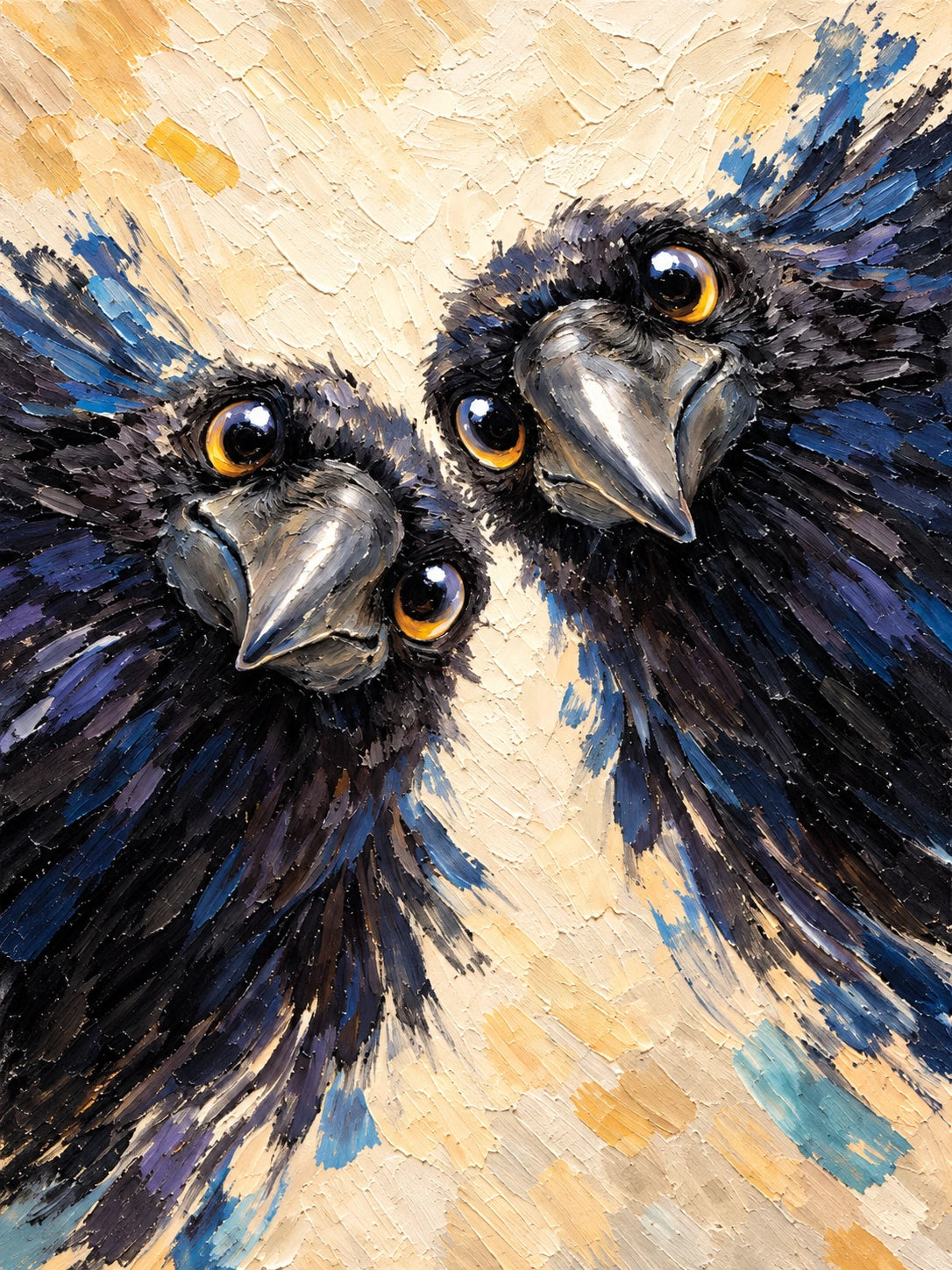 Inquisitive Pair full artwork. Two dark birds lean into view with bright yellow eye rings and curious expressions.