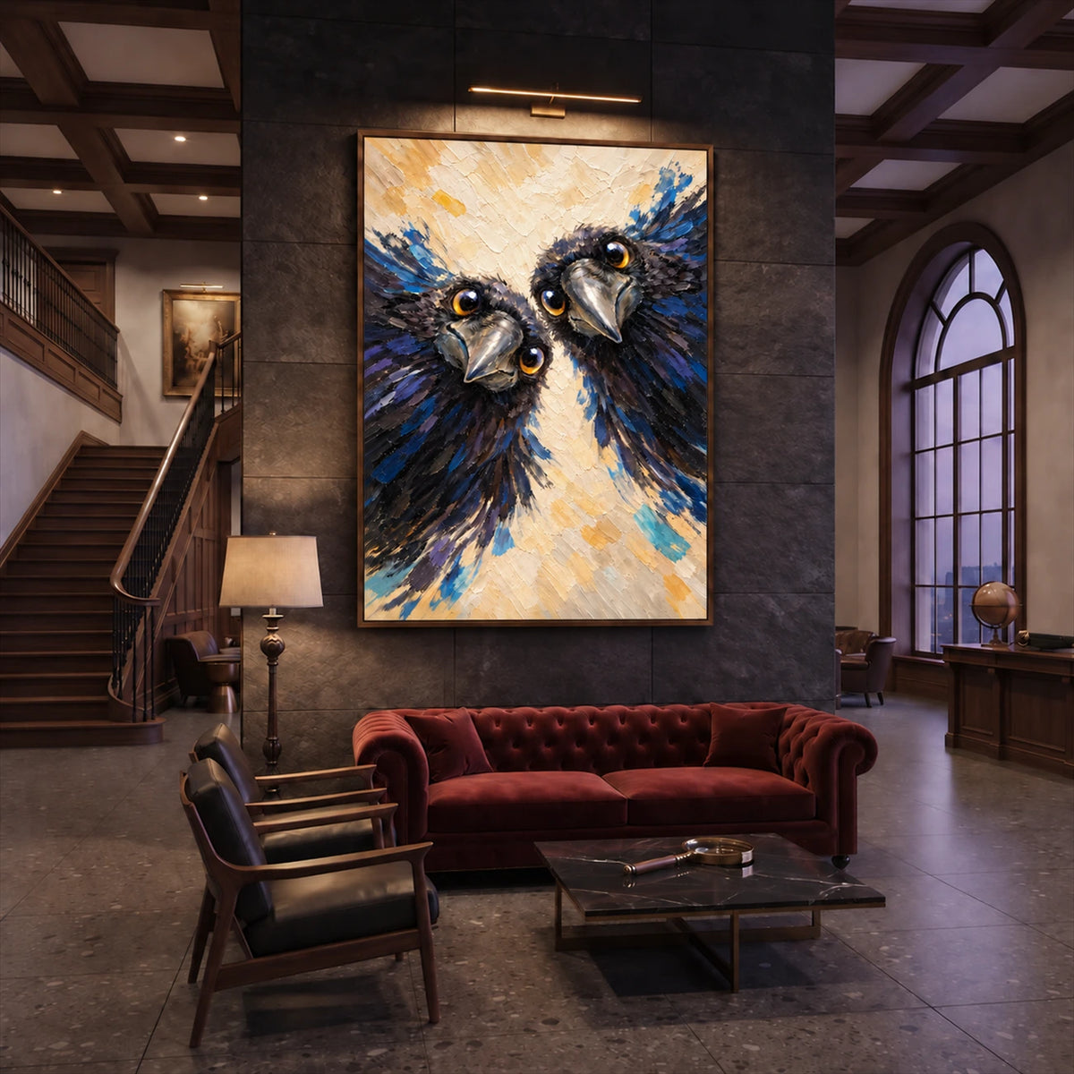 Inquisitive Pair artwork displayed above a red velvet sofa beside a staircase.