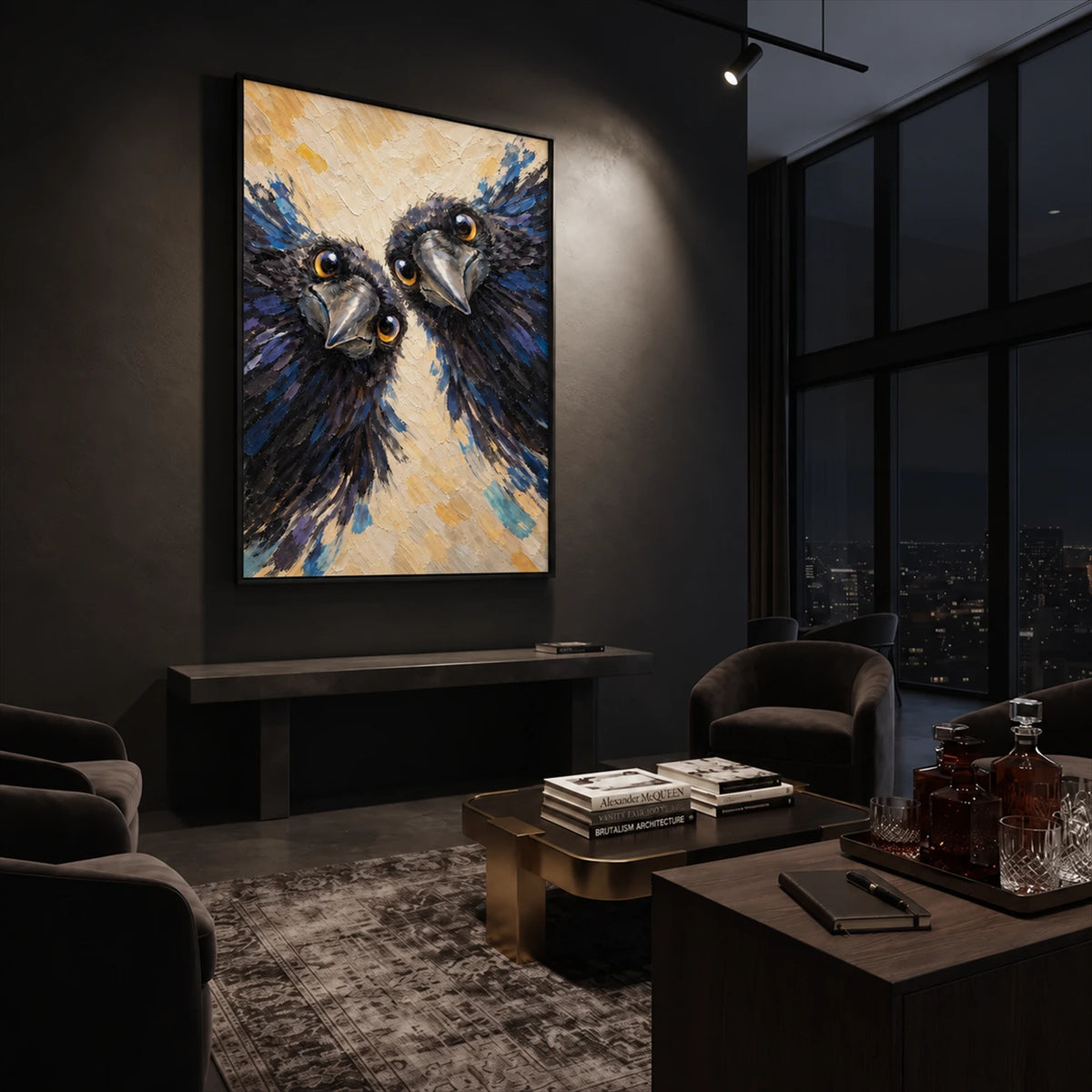 Inquisitive Pair artwork displayed above a console in a dark lounge.