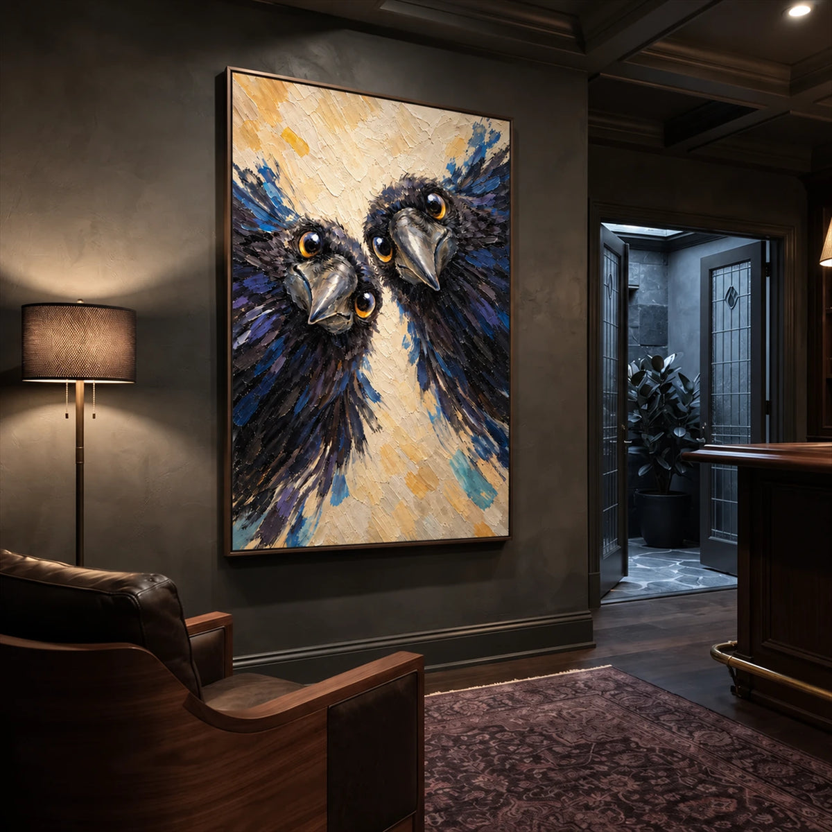 Inquisitive Pair artwork displayed beside a brown lounge chair.