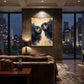Inquisitive Pair artwork displayed above a brown sofa by city windows.