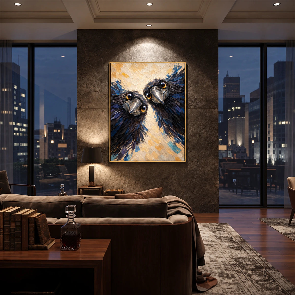 Inquisitive Pair artwork displayed above a brown sofa by city windows.
