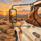 Roadside Repose full artwork. Cowboy boots rest against the open window of a weathered pickup as the desert glows beyond.