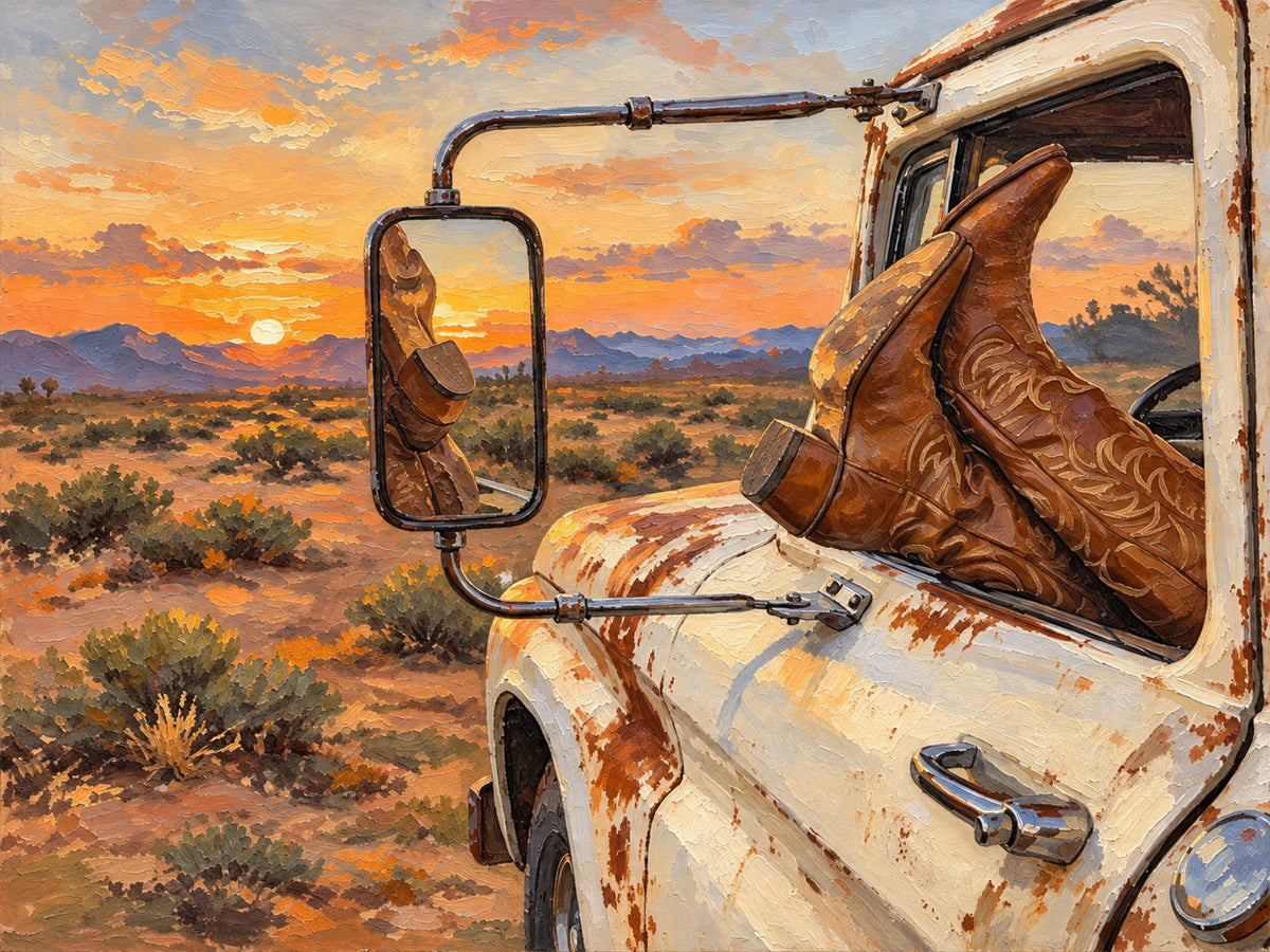 Roadside Repose full artwork. Cowboy boots rest against the open window of a weathered pickup as the desert glows beyond.