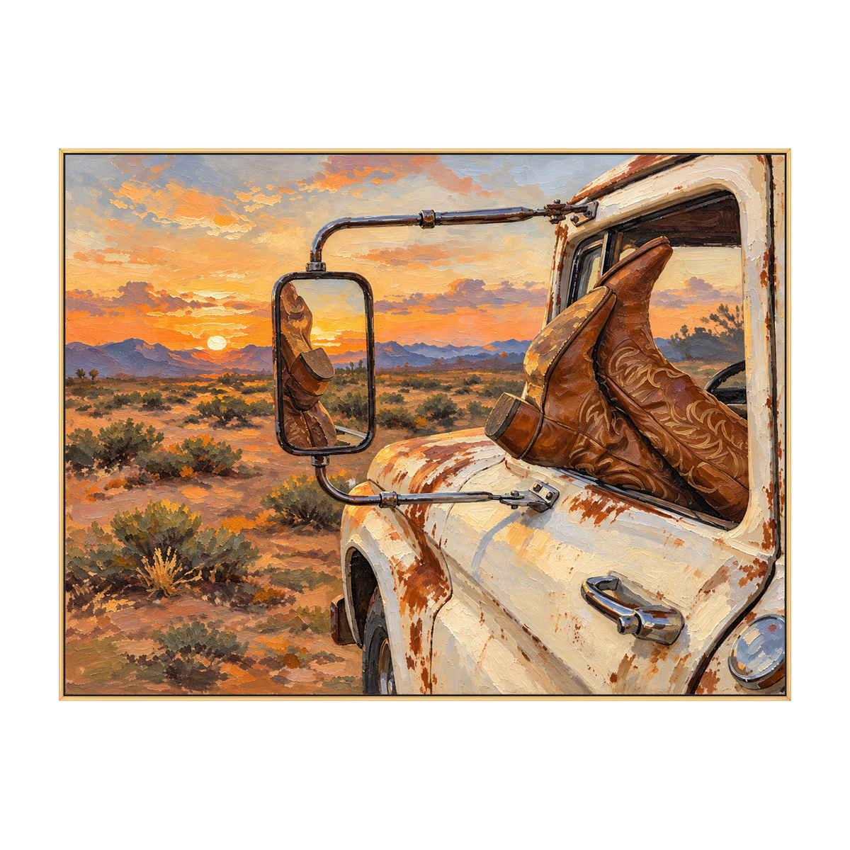 Roadside Repose artwork in a gold frame on a transparent background.