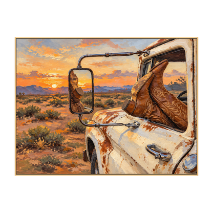 Roadside Repose artwork in a gold frame on a transparent background.