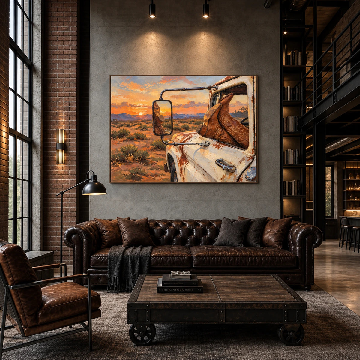 Roadside Repose artwork displayed above a brown Chesterfield sofa.