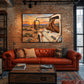 Roadside Repose artwork displayed above a red leather sofa against a brick wall.