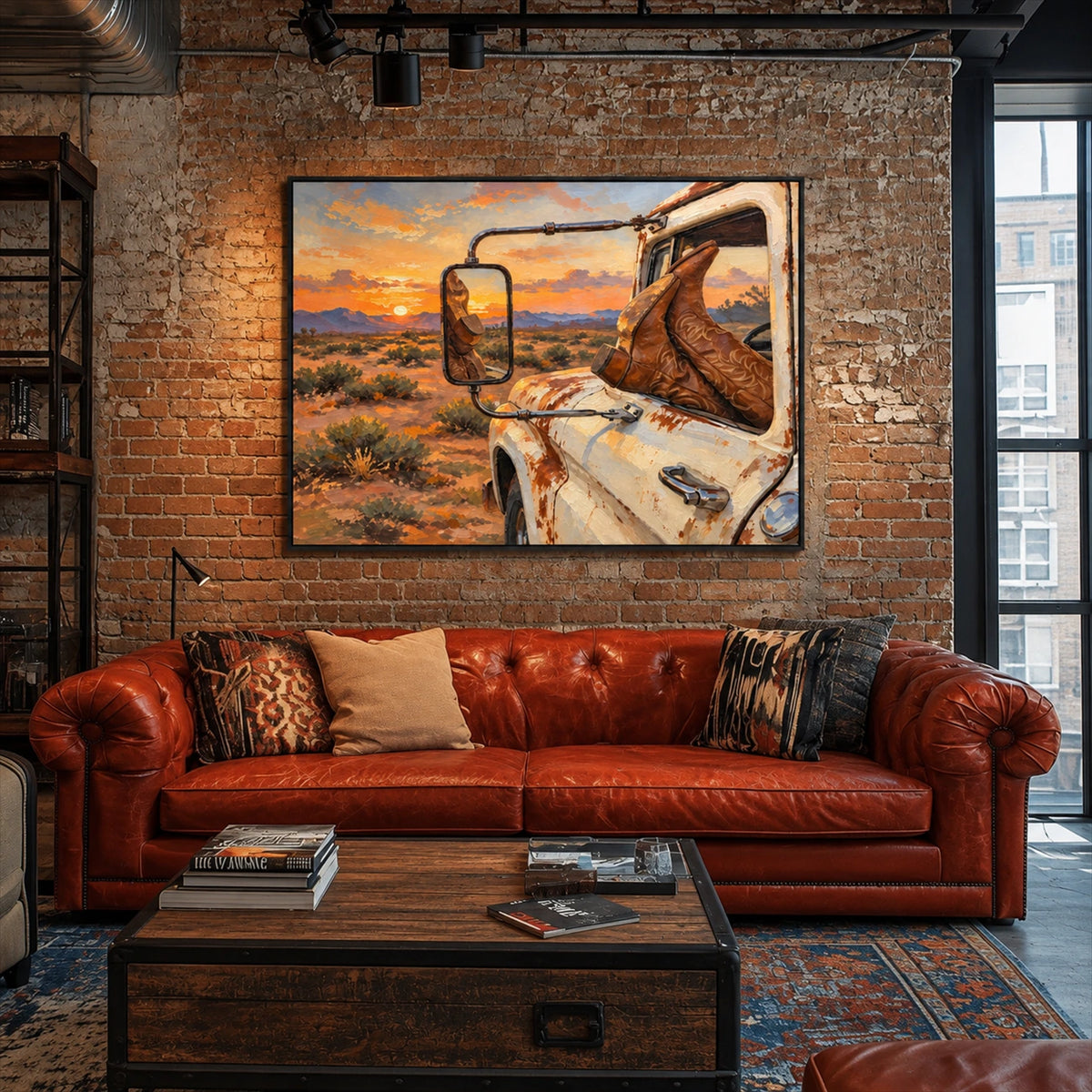 Roadside Repose artwork displayed above a red leather sofa against a brick wall.