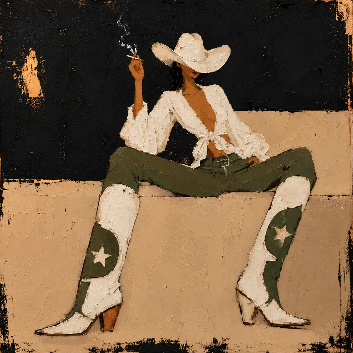 Starboot Muse full artwork. A seated cowgirl in a white hat and shirt wears olive trousers and star-patterned boots.