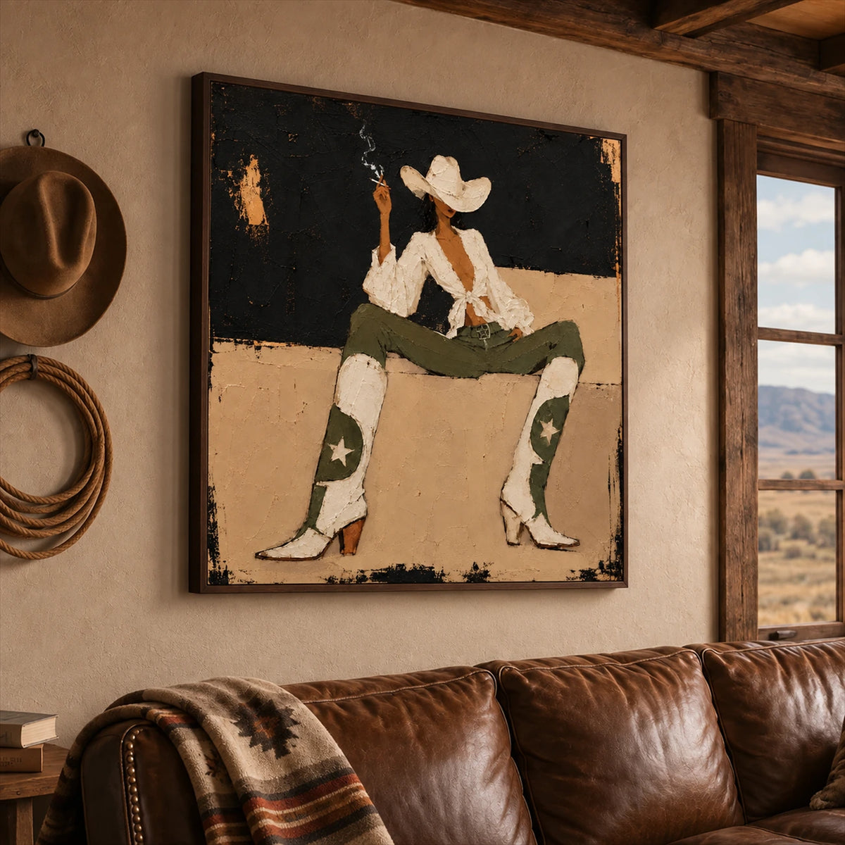 Starboot Muse artwork displayed above a brown leather sofa beneath a beamed ceiling.