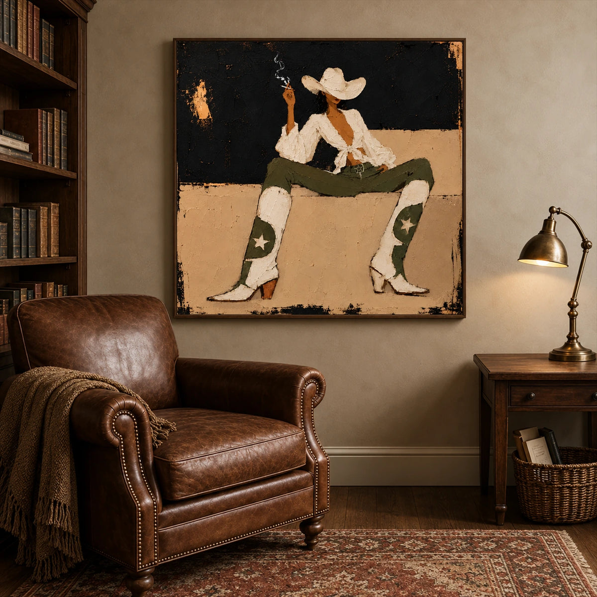 Starboot Muse artwork displayed beside a leather armchair and bookshelves.