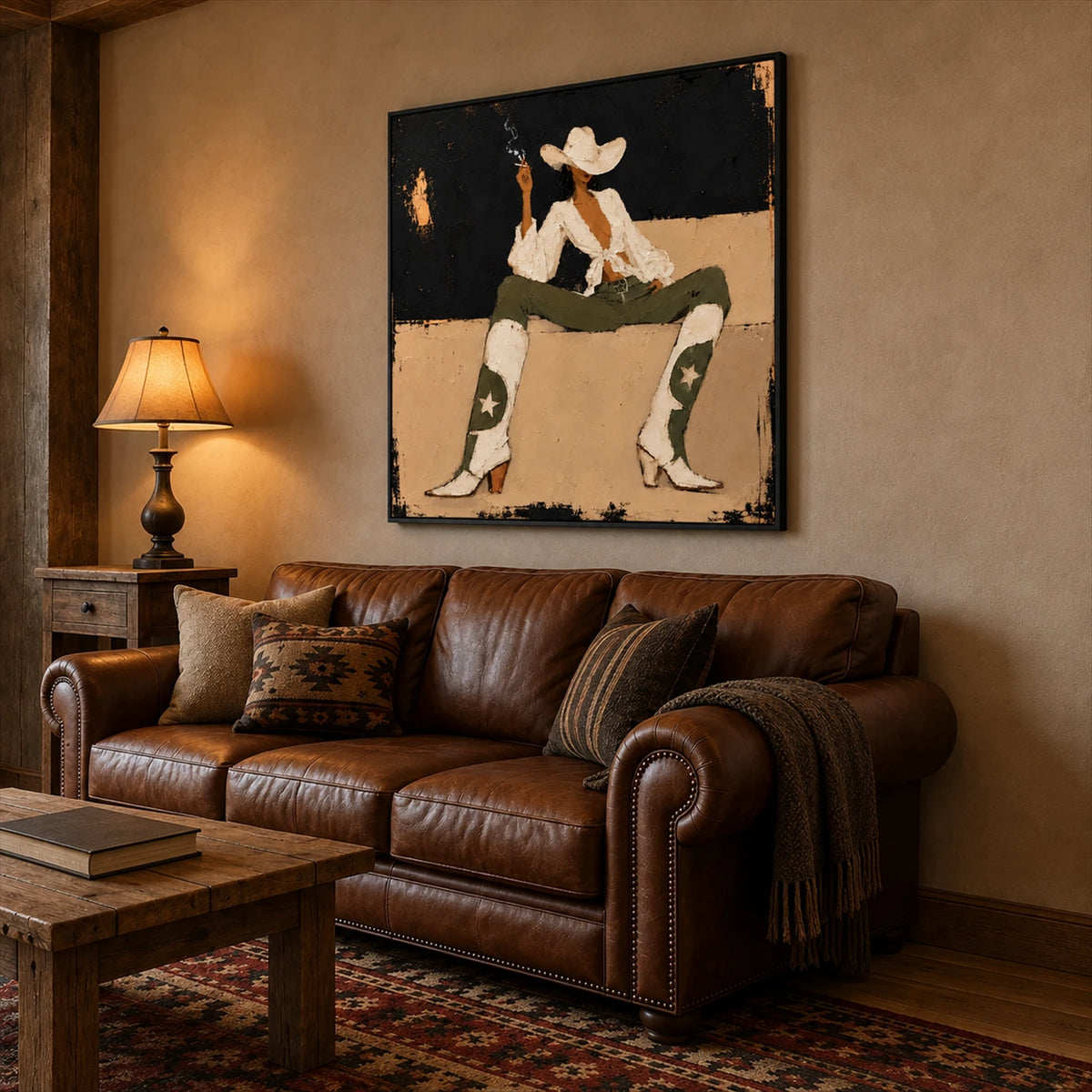Starboot Muse artwork displayed above a brown sofa beside a table lamp.