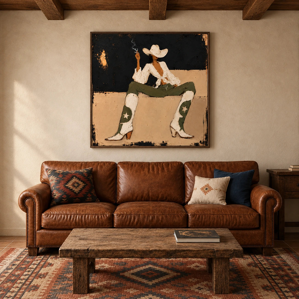 Starboot Muse artwork displayed above a brown sofa beneath wood beams.