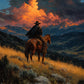 Ember Ridge full artwork. A rider on horseback surveys a golden hillside beneath a luminous evening cloud.