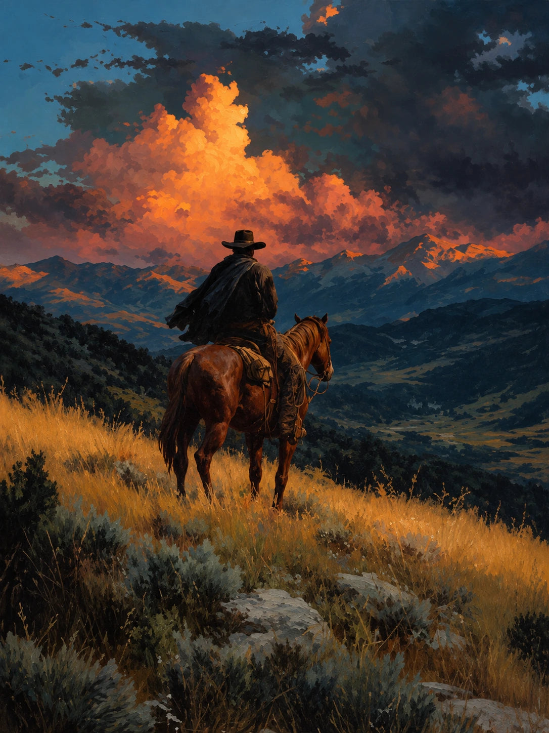 Ember Ridge full artwork. A rider on horseback surveys a golden hillside beneath a luminous evening cloud.
