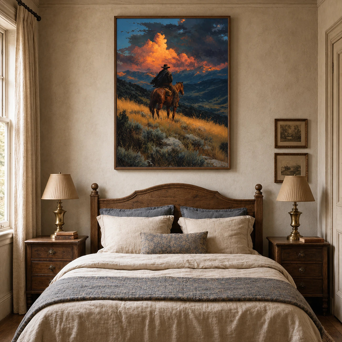 Ember Ridge artwork displayed above a bed.