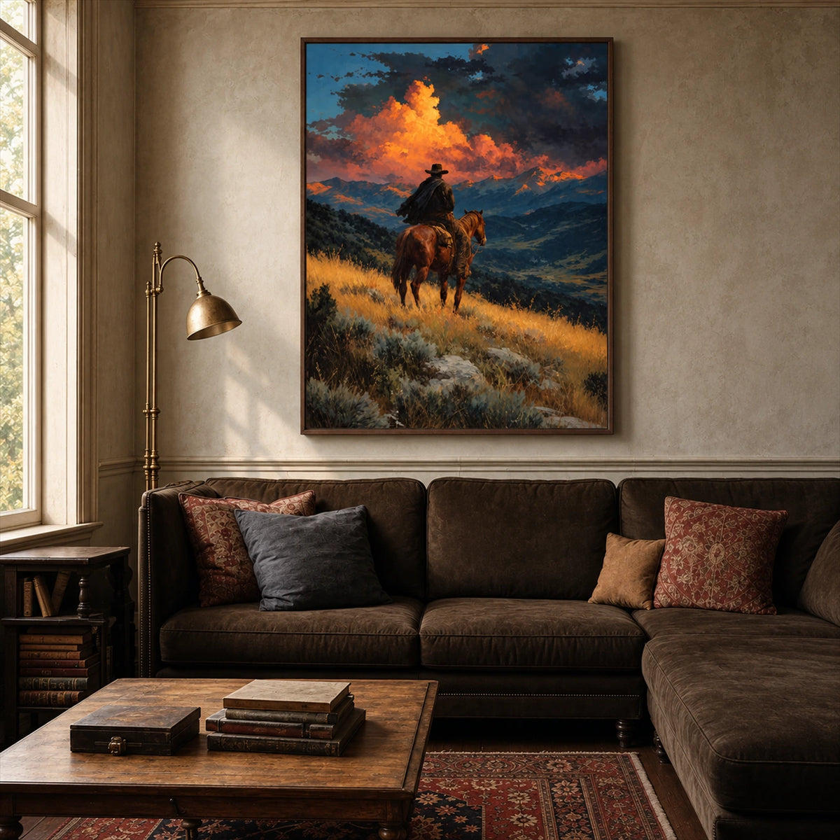 Ember Ridge artwork displayed above a brown sectional sofa.