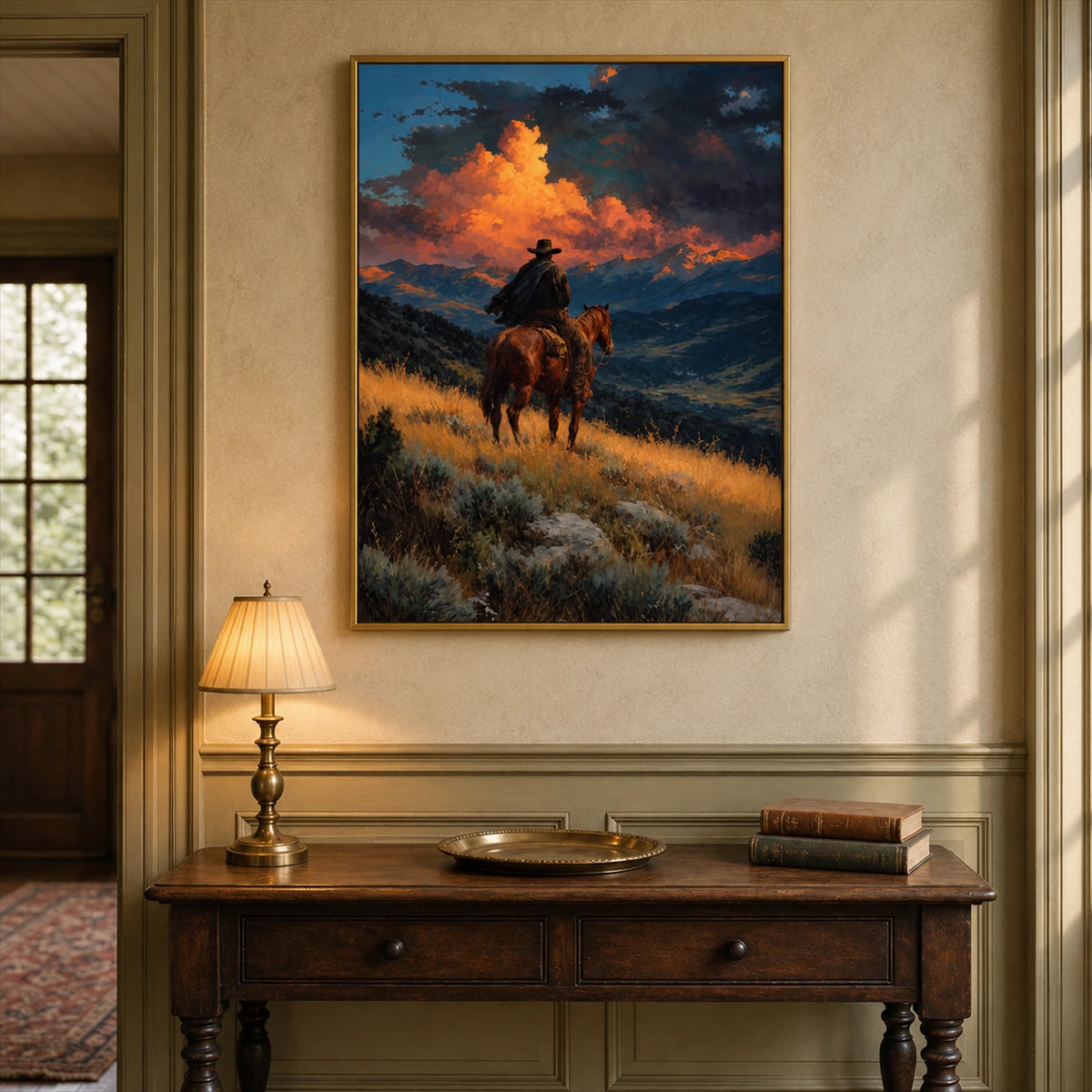 Ember Ridge artwork displayed above a wood console beside a lamp.