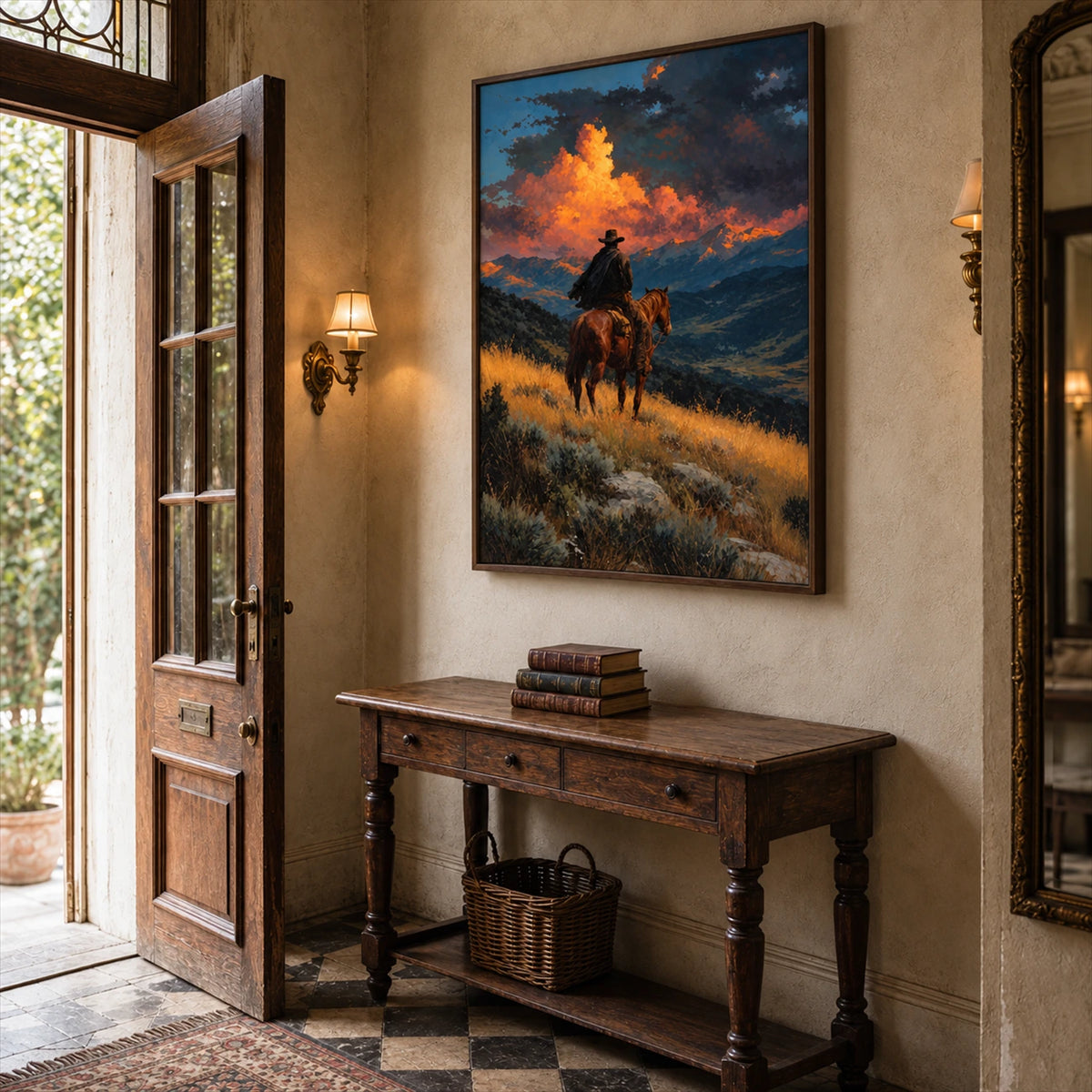Ember Ridge artwork displayed above a console near a glass door.