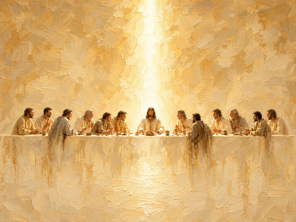 Sacred Gathering full artwork. Jesus and his disciples gather around a long table in this interpretation of the Last Supper.