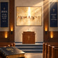 Sacred Gathering artwork displayed above a church pulpit.