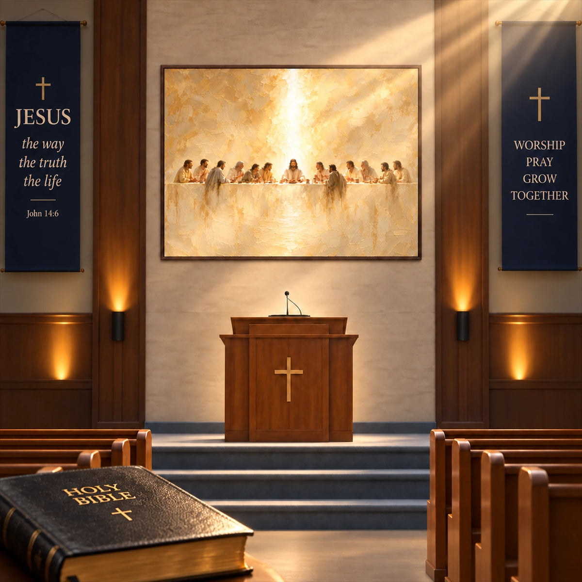 Sacred Gathering artwork displayed above a church pulpit.