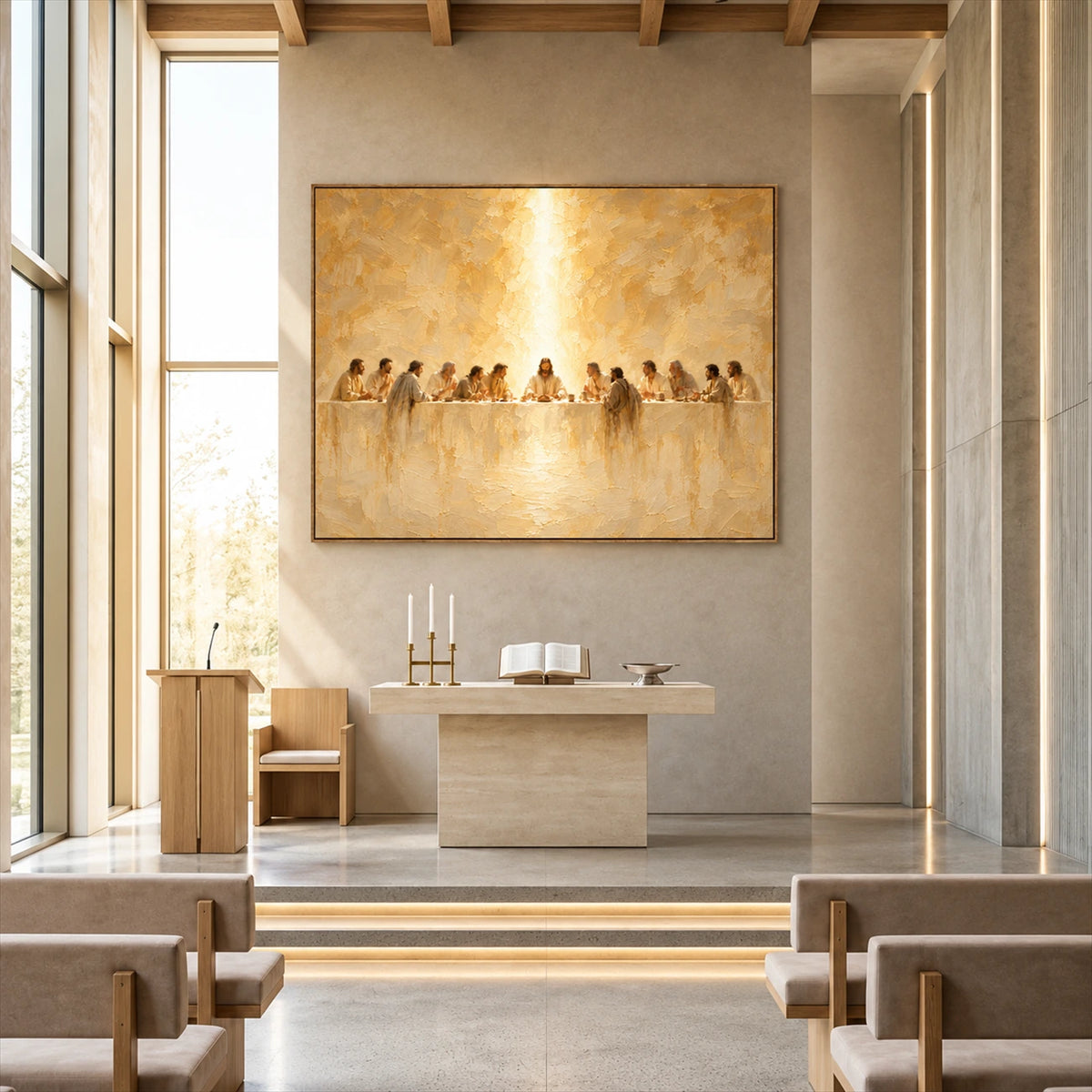Sacred Gathering artwork displayed above a chapel altar.