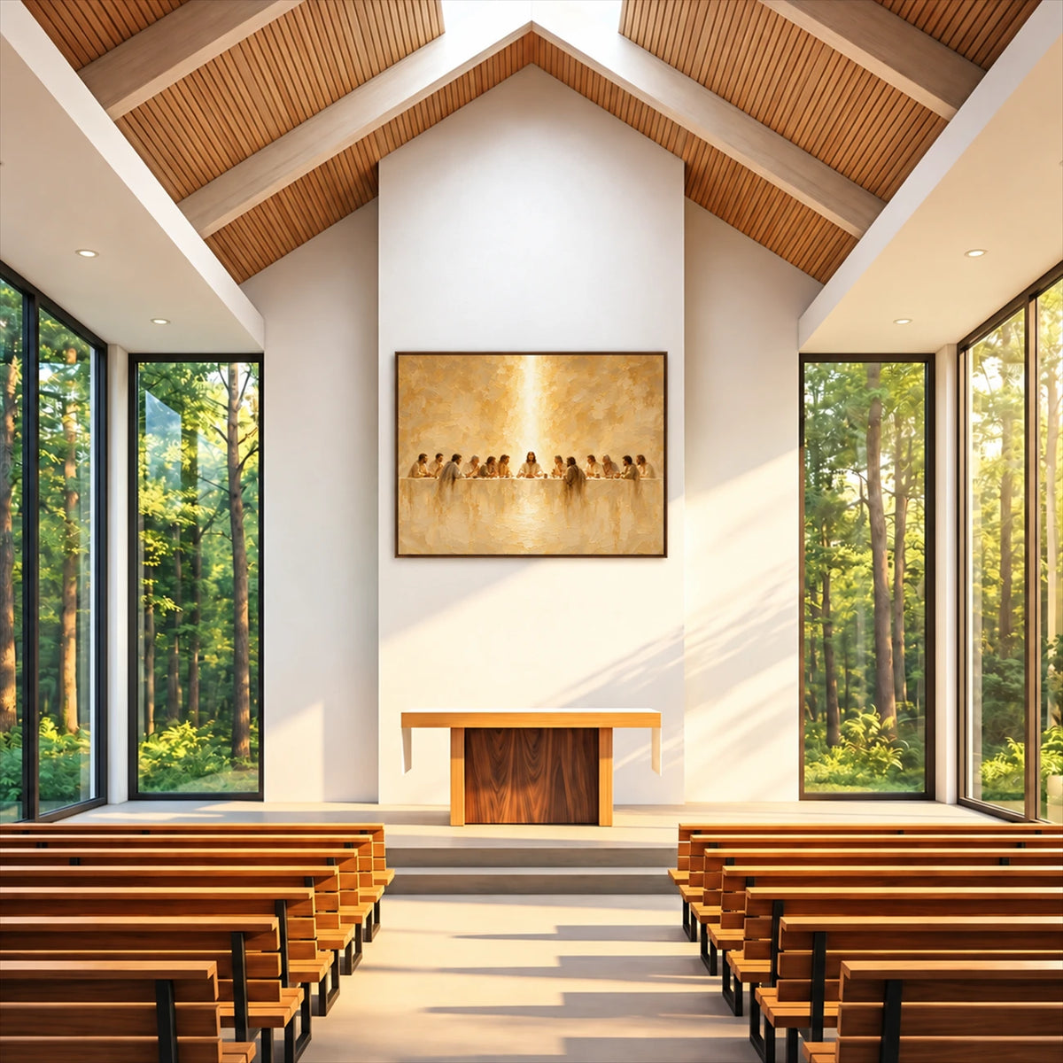 Sacred Gathering artwork displayed on a chapel wall above a fireplace.