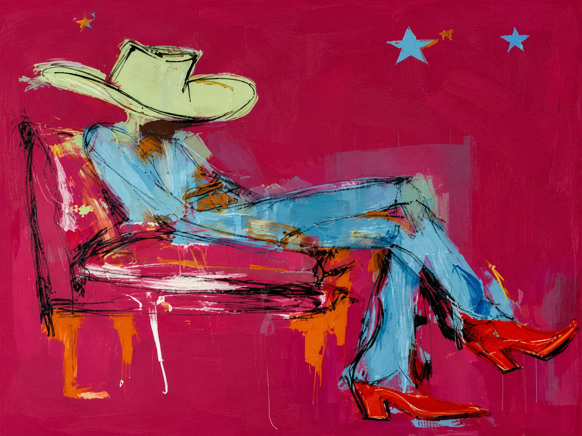 Turquoise Reverie full artwork. A reclining cowgirl in turquoise and a mint-colored hat stretches out in vivid red boots.