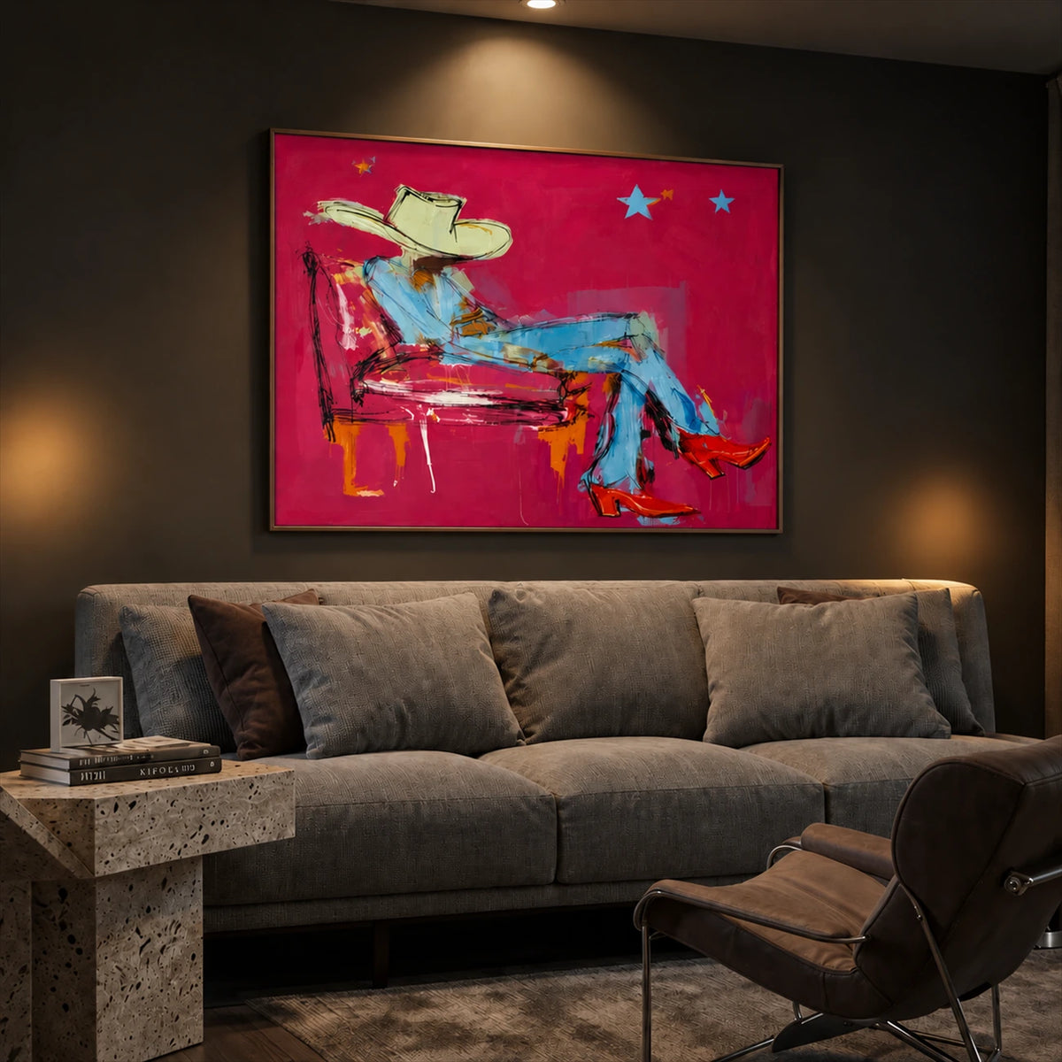 Turquoise Reverie artwork displayed above a gray sofa.