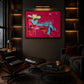 Turquoise Reverie artwork displayed in a dark lounge beside bookshelves.