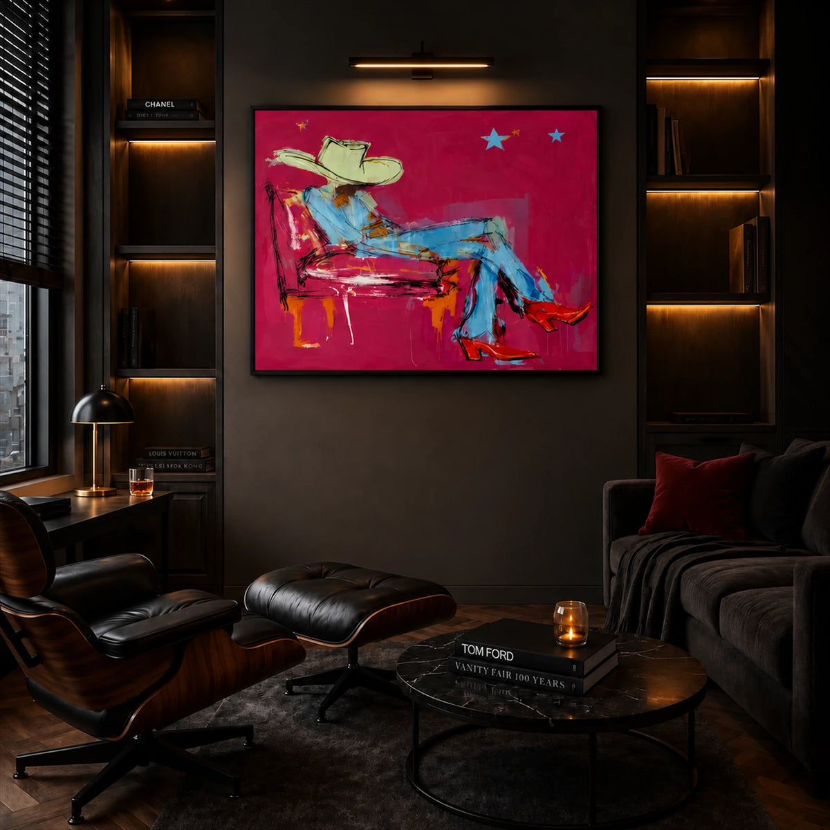 Turquoise Reverie artwork displayed in a dark lounge beside bookshelves.