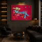 Turquoise Reverie artwork displayed above a dark sofa beneath a picture light.