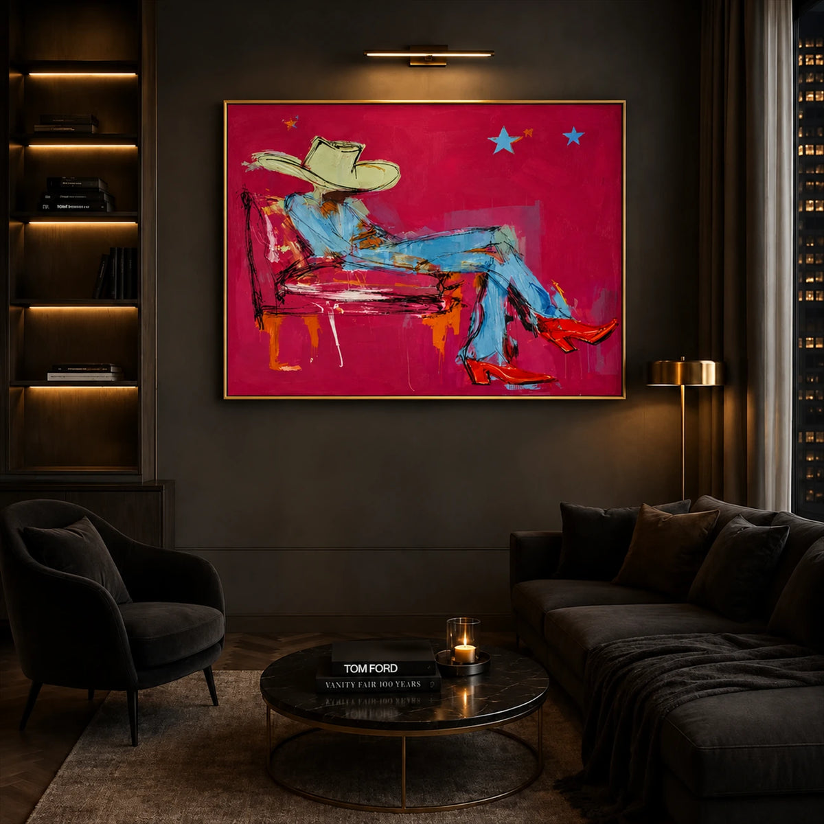 Turquoise Reverie artwork displayed above a dark sofa beneath a picture light.