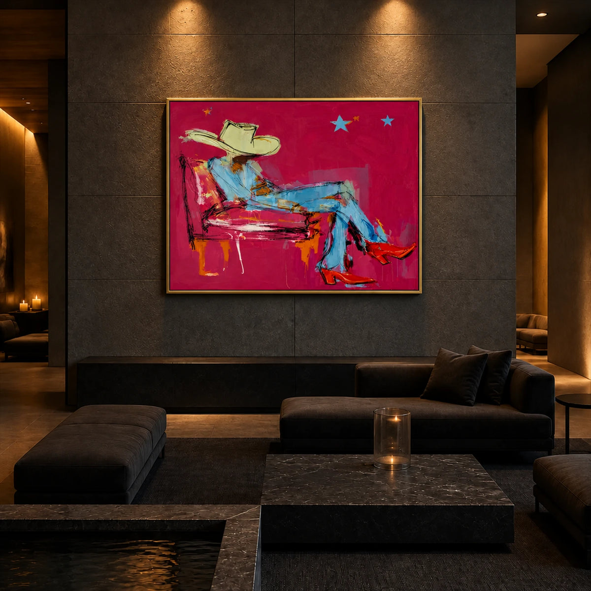 Turquoise Reverie artwork displayed above a black sectional sofa beneath recessed lighting.