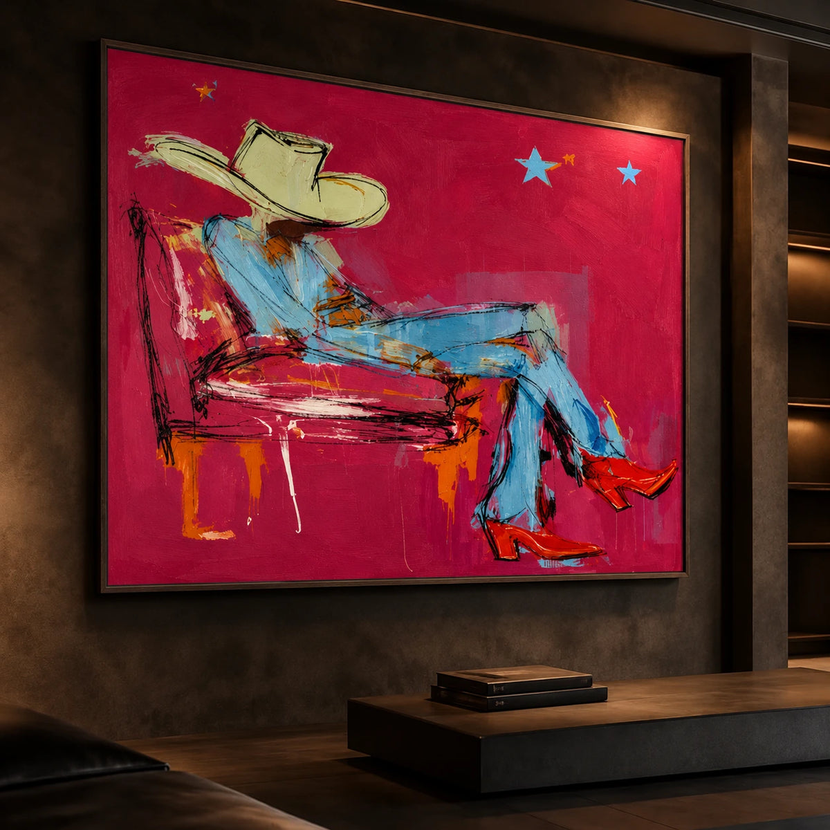 Turquoise Reverie artwork displayed on a textured wall above a console.