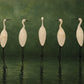 Heron Assembly full artwork. Seven ivory herons stand together in still green water, their slender forms echoed by soft reflections.