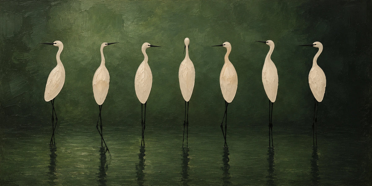 Heron Assembly full artwork. Seven ivory herons stand together in still green water, their slender forms echoed by soft reflections.