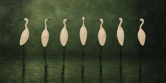 Heron Assembly full artwork. Seven ivory herons stand together in still green water, their slender forms echoed by soft reflections.