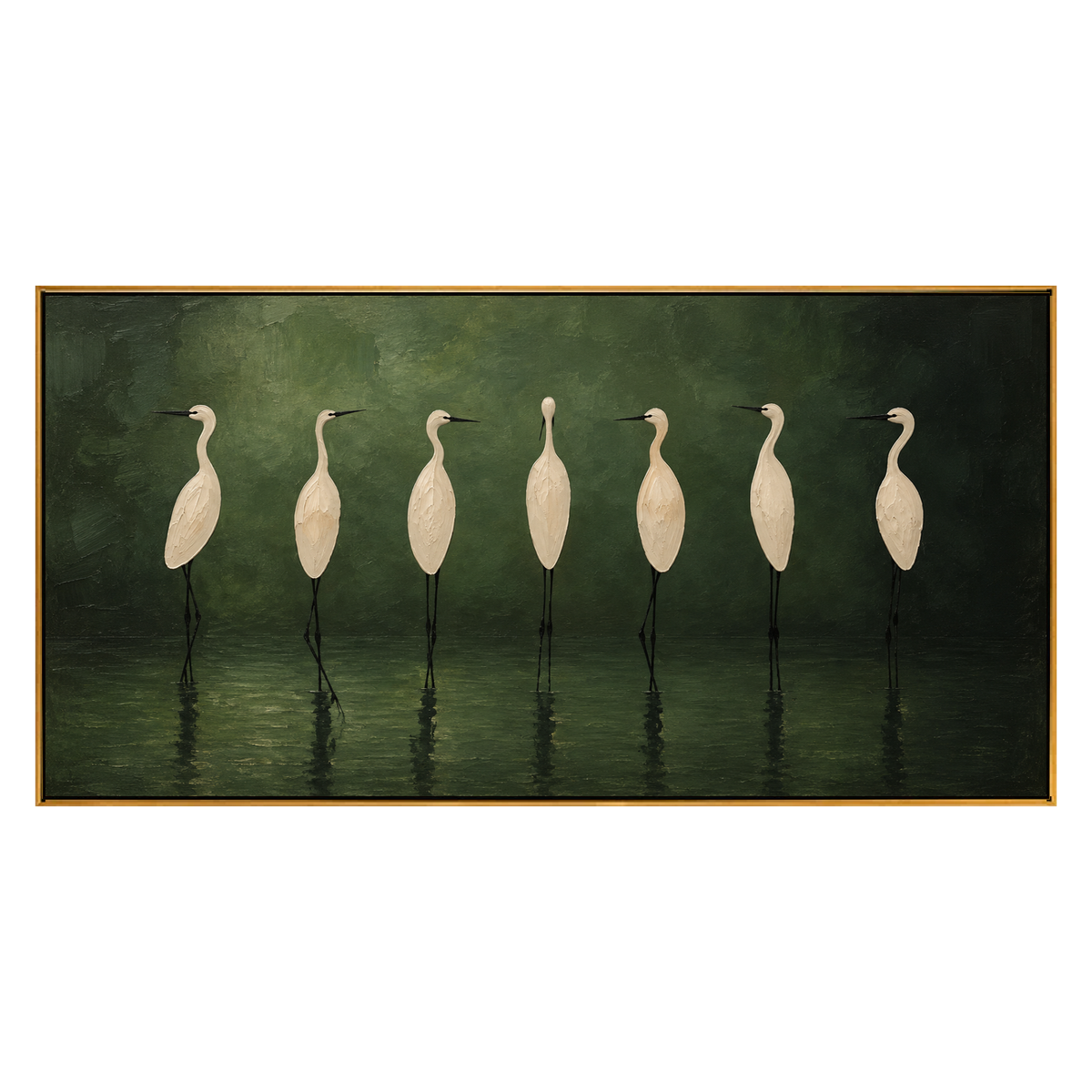 Heron Assembly artwork in a natural wood frame on a transparent background.