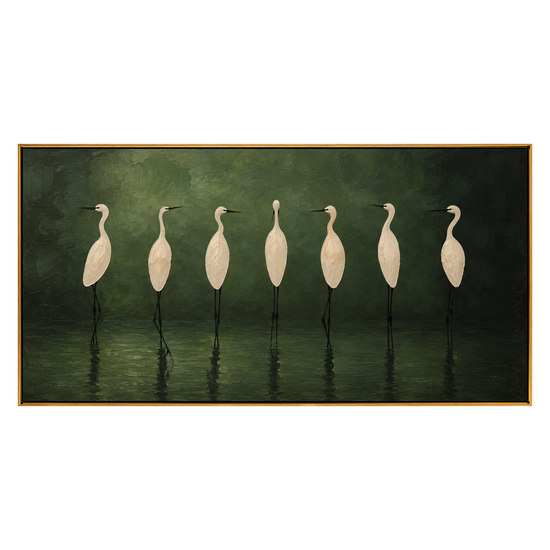 Heron Assembly artwork in a natural wood frame on a transparent background.