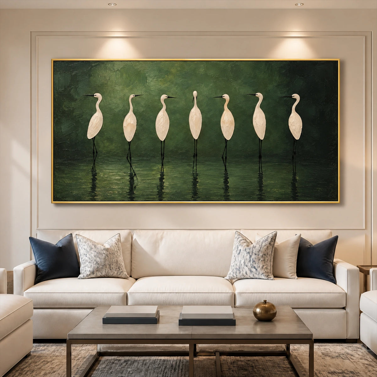 Heron Assembly artwork displayed above a cream sofa.