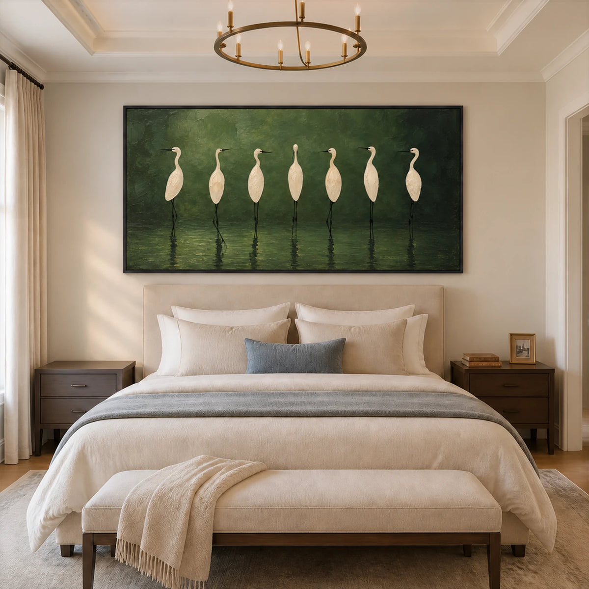 Heron Assembly artwork displayed above a bed.
